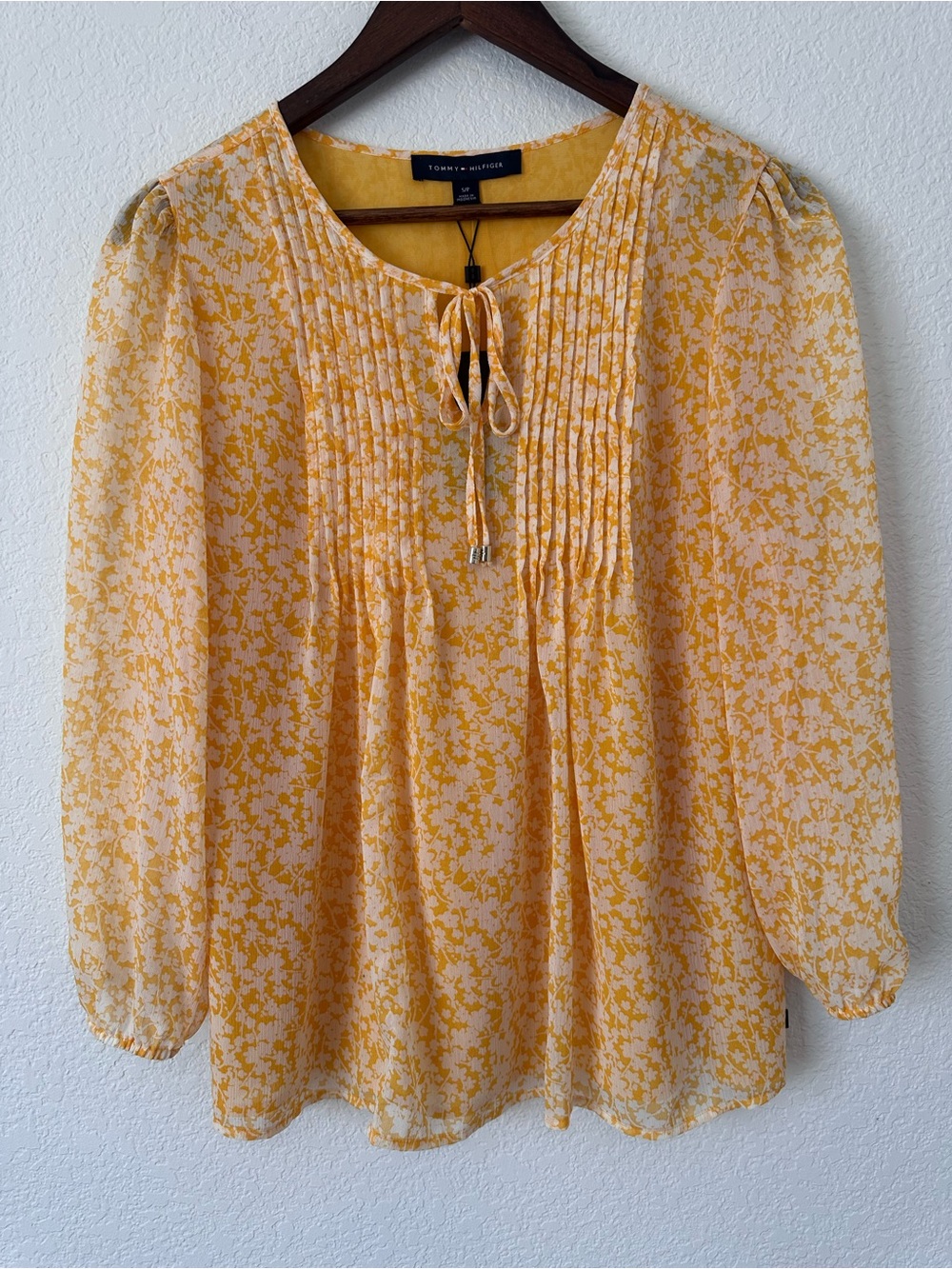 Tommy Hilfiger Yellow Floral Pintuck Tie-Neck Blouse
